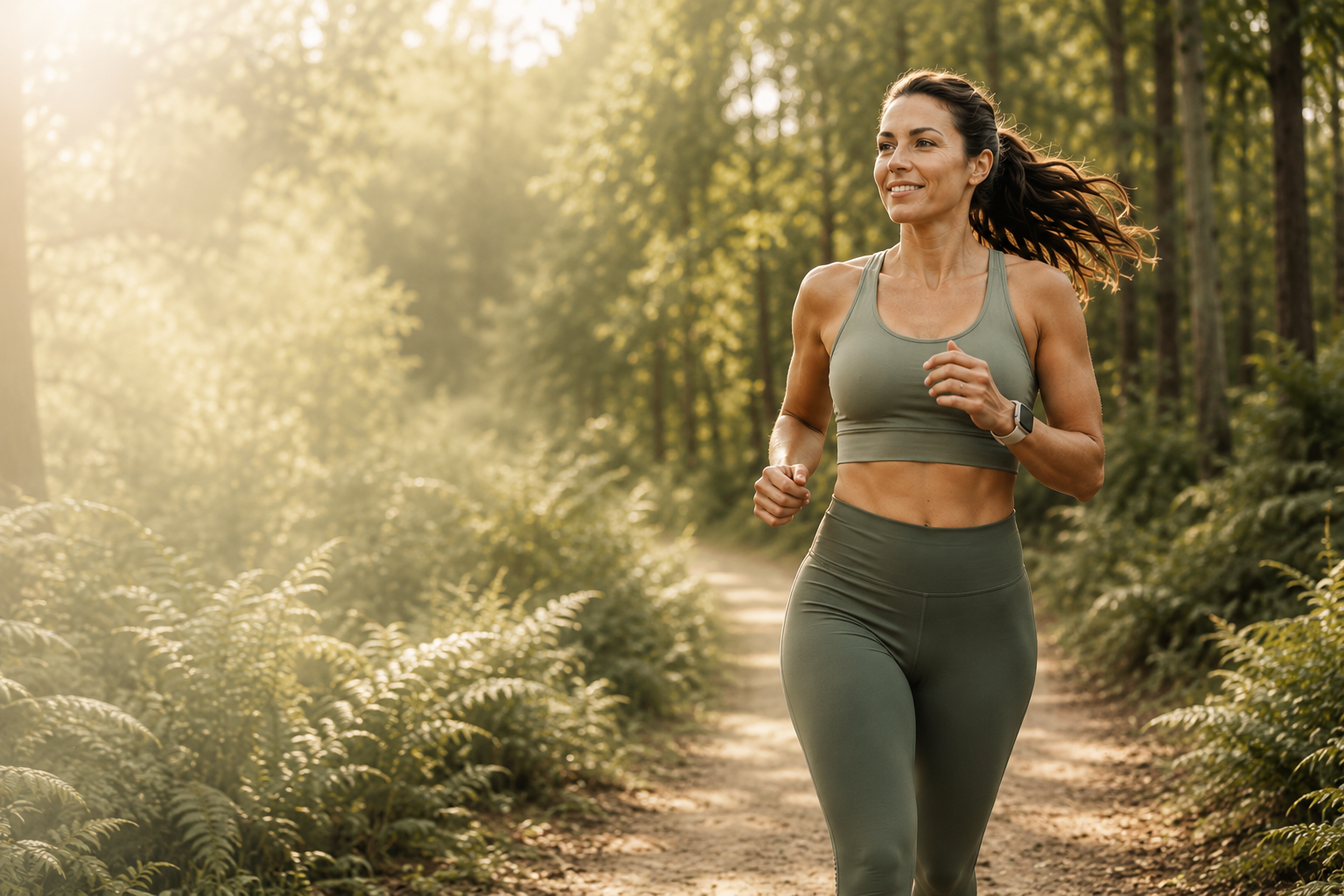 A woman jogging confidently through a sunlit woodland trail